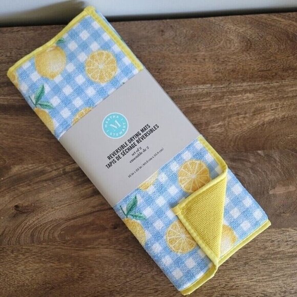 New Martha Stewart Lemon Reversible Kitchen Drying Mats Set of 2 & Mini Mitts - Picture 2 of 7